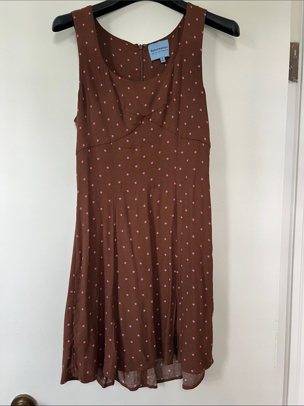Reformation Brown Dress with Pink Polka Dots